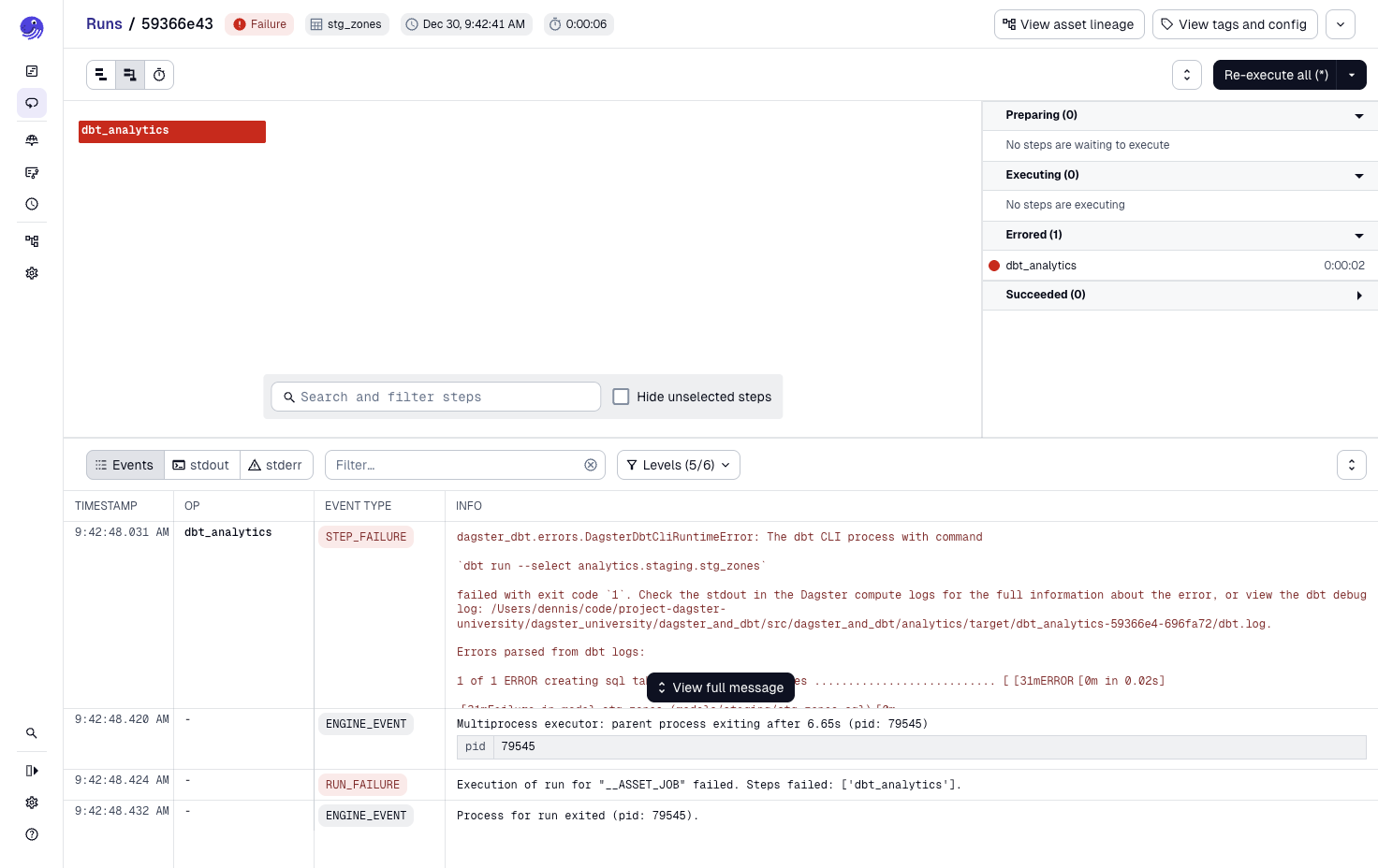 stdout logs showing failure for std_zones materialization in the Dagster UI